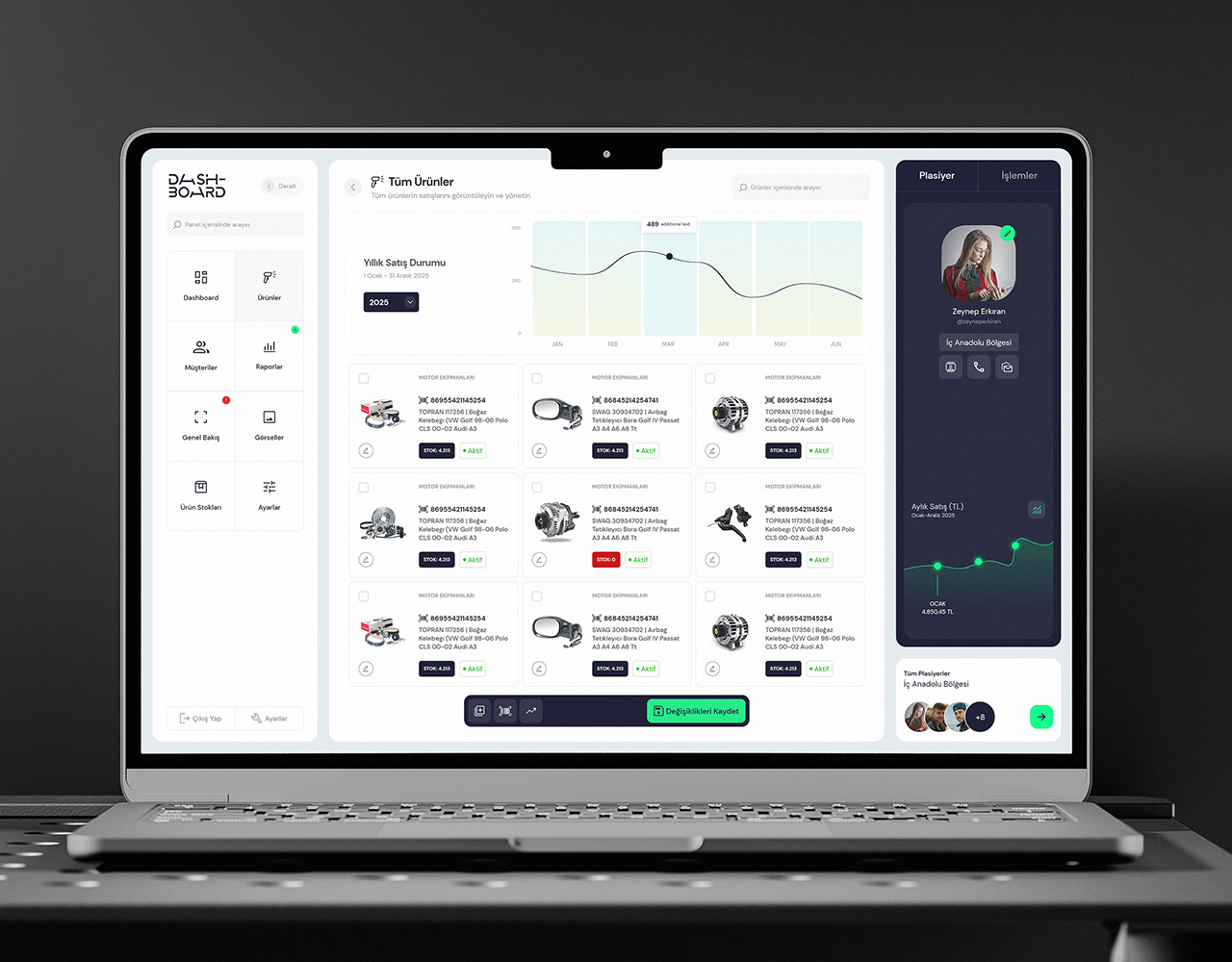 Veri Takibi ve Yönetimi için Tasarlanmış Modern Dashboard Arayüzü